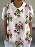 Women’s Vintage Lovely Pansies Art Print Casual Cotton And Linen Shirt Multicolor / S