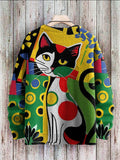 Cute Cat Art Pattern Print Casual Knit Pullover Sweater