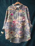 Women’s Retro Purple Floral Print Casual Cotton And Linen Shirt Multicolor / S