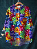 Women’s Cute Cat Print Casual Cotton And Linen Shirt Multicolor / S