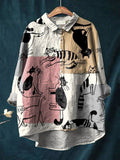 Vintage Funny Cats Art Print Casual Cotton And Linen Shirt Multicolor / S