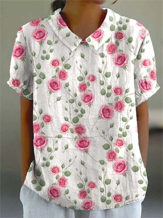 Women’s Rose Flower Print Casual Cotton And Linen Shirt Multicolor / S