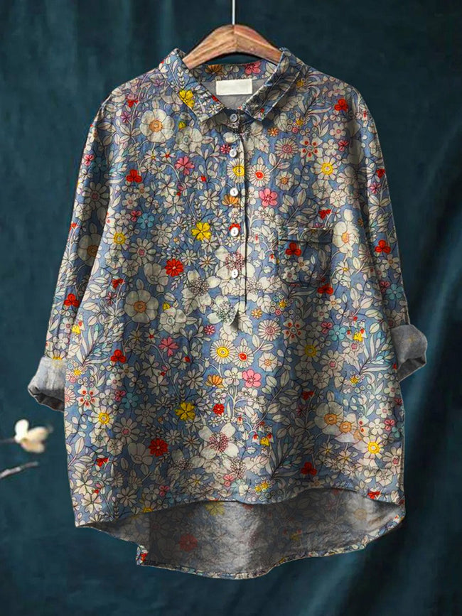 Women’s Floral Art Print Casual Cotton And Linen Shirt Multicolor / S