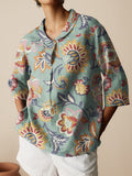 Women’s Floral Art Print Casual Linen Cotton 3/4 Sleeve Shirt Multicolor / S