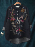 Women’s Vintage Flower Art Print Casual Cotton And Linen Shirt Multicolor / S