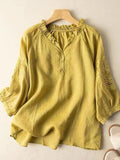 Embroidery Flower Cotton And Linen V-Neck Seventh Sleeve Blouse Yellow / M