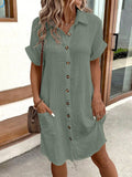 Women’s Casual Solid Color Button Down Short Sleeve Dress Green / S