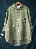 Simple Daisy Field Pattern Printed Women’s Casual Cotton And Linen Shirt Green / S