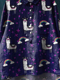 Vintage Lovely Rainbow Alpacas Art Print Casual Cotton And Linen Shirt