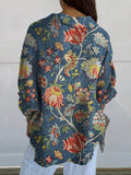 Women’s Vintage Ethnic Floral Art Print Casual Linen V-Neck Shirt