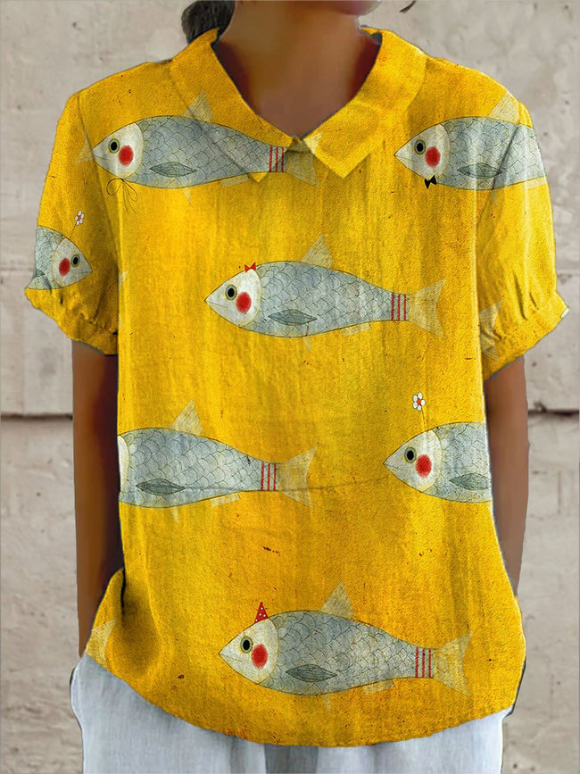 Women’s Vintage Fish Art Print Casual Cotton And Linen Shirt Multicolor / S