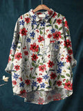 Women’s Elegant Red And Blue Floral Print Casual Cotton And Linen Shirt Multicolor / S