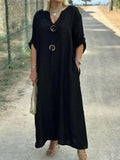 Women’s V-Neck Button Detail Imported Cotton Linen Pocket Dress Black / S