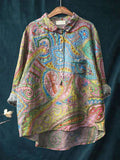 Women’s Vintage Ethnic Pattern Art Print Casual Cotton And Linen Shirt Multicolor / S