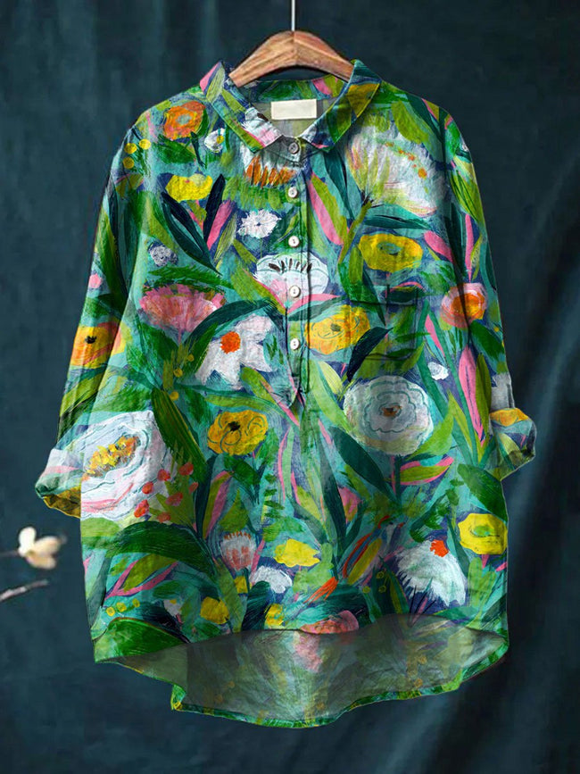 Women’s Flower Print Casual Cotton And Linen Shirt Multicolor / S