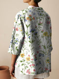 Women’s Vintage Floral Art Print Casual Linen Cotton 3/4 Sleeve Shirt