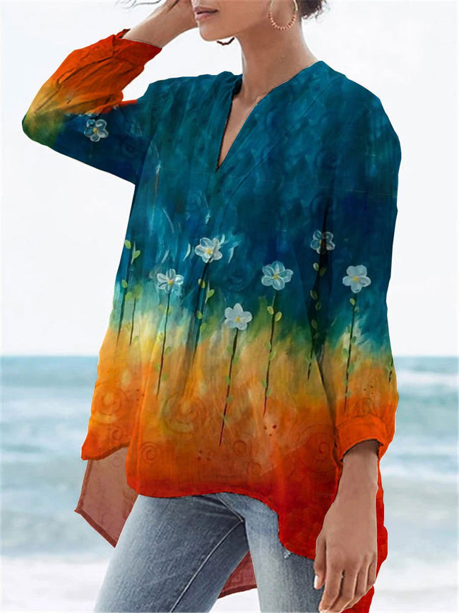 Women’s Flower Print Casual Linen V-Neck Shirt Multicolor / S