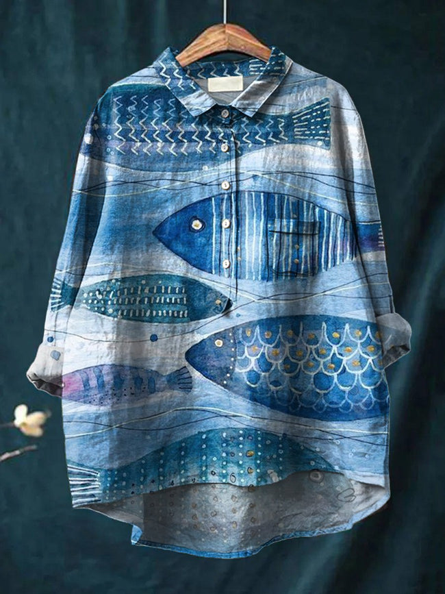 Women’s Blue Dreamy Little Fish Print Casual Cotton And Linen Shirt Multicolor / S