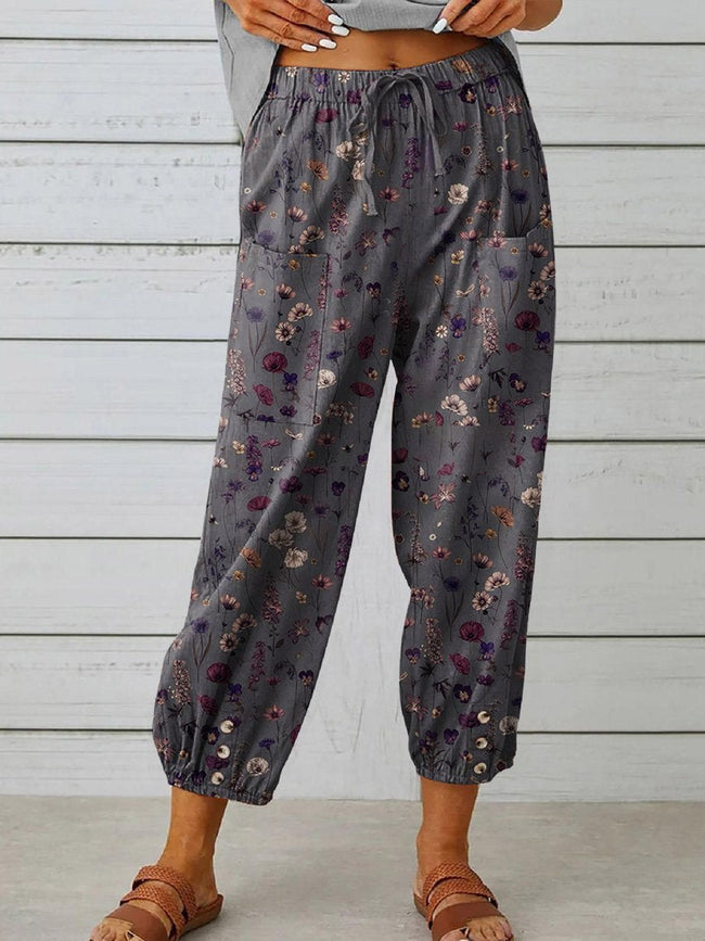 Women’s Floral Art Printed Cotton And Linen Casual Pants Multicolor / S