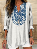 Ethnic Style Summer Floral Pattern Printed Women’s Casual Linen V-Neck Shirt Whiteblue / S