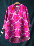 Vibrant Pink Floral Pattern Printed Women’s Casual Cotton And Linen V-Neck Shirt / S