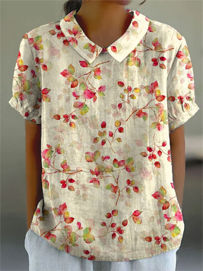 Women's  Flower Print Casual Cotton And Linen Shirt