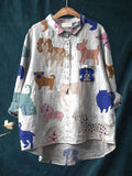 Lovely Puppy Dog Pattern Printed Women’s Casual Cotton And Linen Shirt Multicolor / S