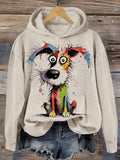 Retro Christmas Rainbow Watercolor Dog Art Print Casual Hoodie Sweatshirt