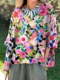 Colorful Spring Floral Garden Printed Women’s Casual Cotton And Linen Shirt Multicolor / S