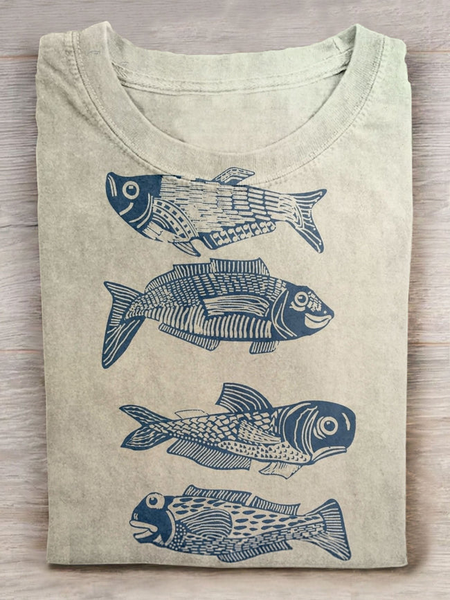 Fish Art Print Casaul Short Sleeve T-Shirt Multicolor / S