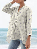 Sweet Petite Blue Floral Pattern Printed Women’s Casual Linen V-Neck Shirt Beige / S