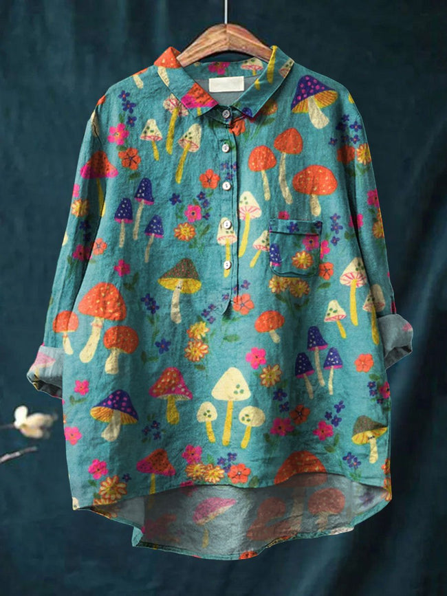 Women’s Vintage Mushroom Art Print Casual Cotton And Linen Shirt Multicolor / S