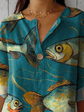 Vintage Fish Art Printed Women’s Casual Cotton Linen Shirt