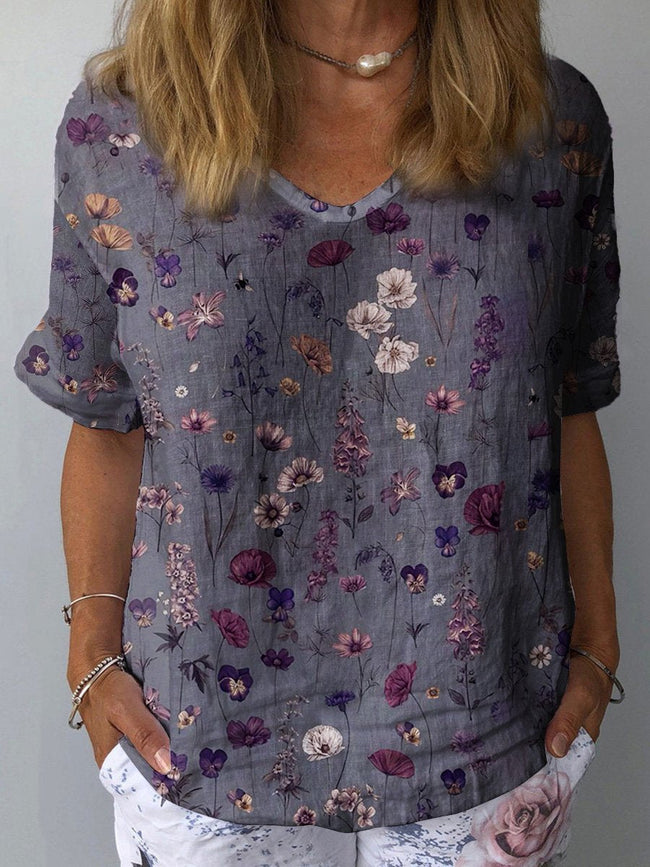 Women’s Floral Art Print Casual Cotton And Linen Shirt Multicolor / S