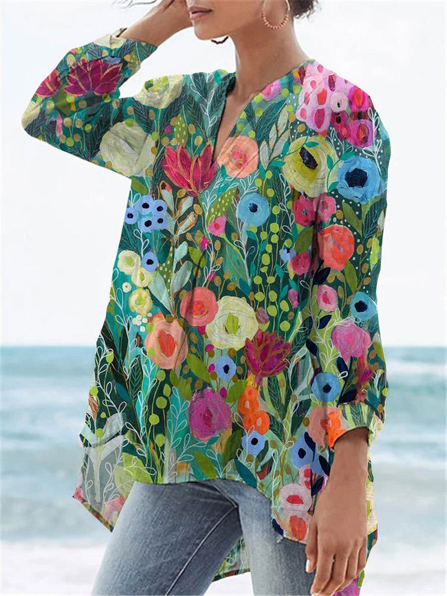 Women’s Flower Print Casual Linen V-Neck Shirt Multicolor / S