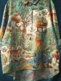 Women’s Vintage Ethnic Woodland Animals Art Print Casual Cotton And Linen Shirt