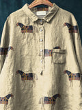 Horse Repeat Pattern Printed Women’s Casual Cotton And Linen Shirt