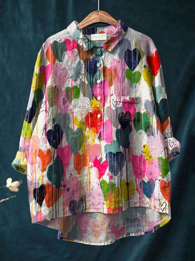 Women’s Vintage Loving Heart Art Print Casual Cotton And Linen Shirt Multicolor / S