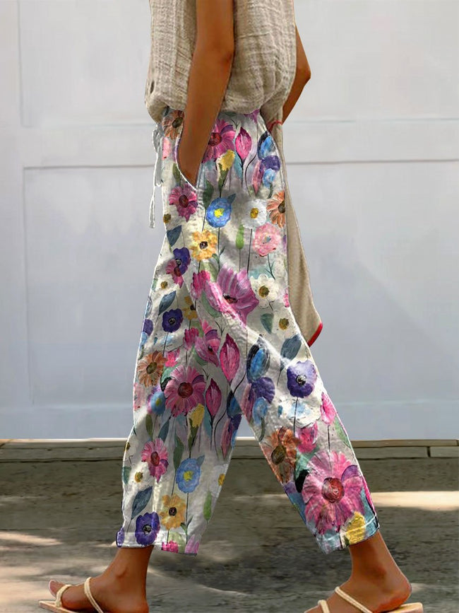 Women’s Vintage Flower Art Printed 100% Cotton Casual Pants Multicolor / S