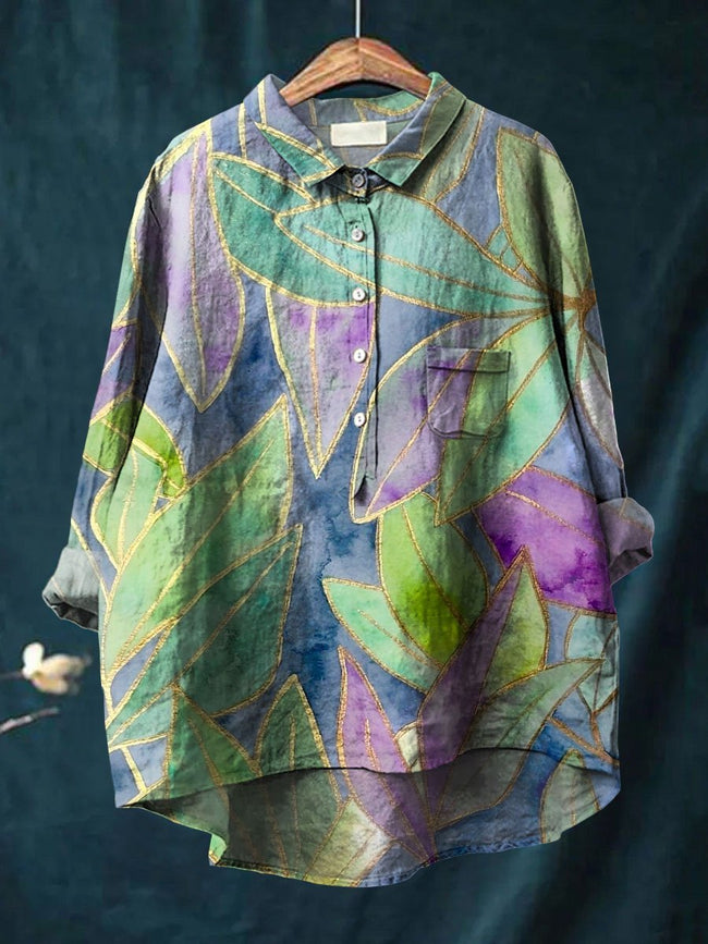 Women’s Leaves Art Print Casual Cotton And Linen Shirt Multicolor / S