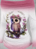 Women's Owl Art Print Off Shoulder Foldover Cinched T-shirt