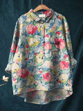 Women’s Vintage Lovely Tulips Art Print Casual Cotton And Linen Shirt Multicolor / S