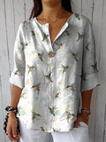 Spring Hummingbird Repeat Pattern Printed Women’s Casual Cotton Linen Shirt Multicolor / S