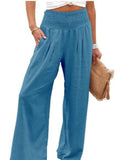 Women’s Cotton And Linen Elasticated Waist-Waisted Wide-Leg Pants Blue / S