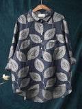 Leaves Art Print Casual Cotton And Linen Shirt Blue / S