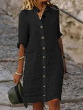 Women’s Spring Summer Mid-Sleeve Button Down Cotton And Linen Dress Black / S