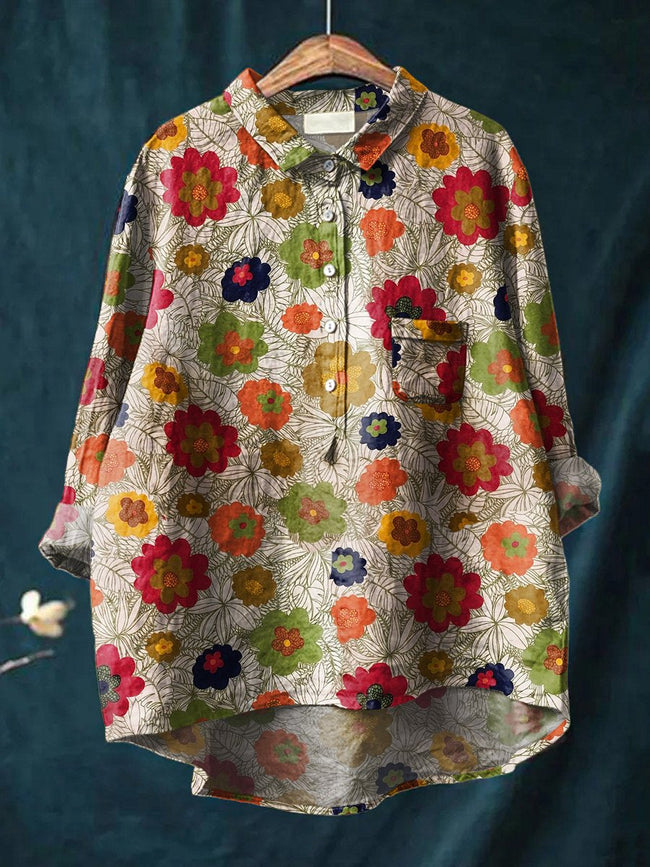 Women’s Floral Art Print Casual Cotton And Linen Shirt Multicolor / S