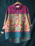 Women’s Flower Art Print Casual Cotton And Linen Shirt