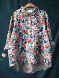 Women’s Colorful Hand-Painted Floral Print Casual Cotton And Linen Shirt Multicolor / S