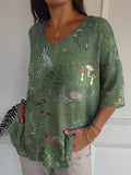 Woodland And Animals Repeat Pattern Printed Women’s Casual Pullover Knit Green / S